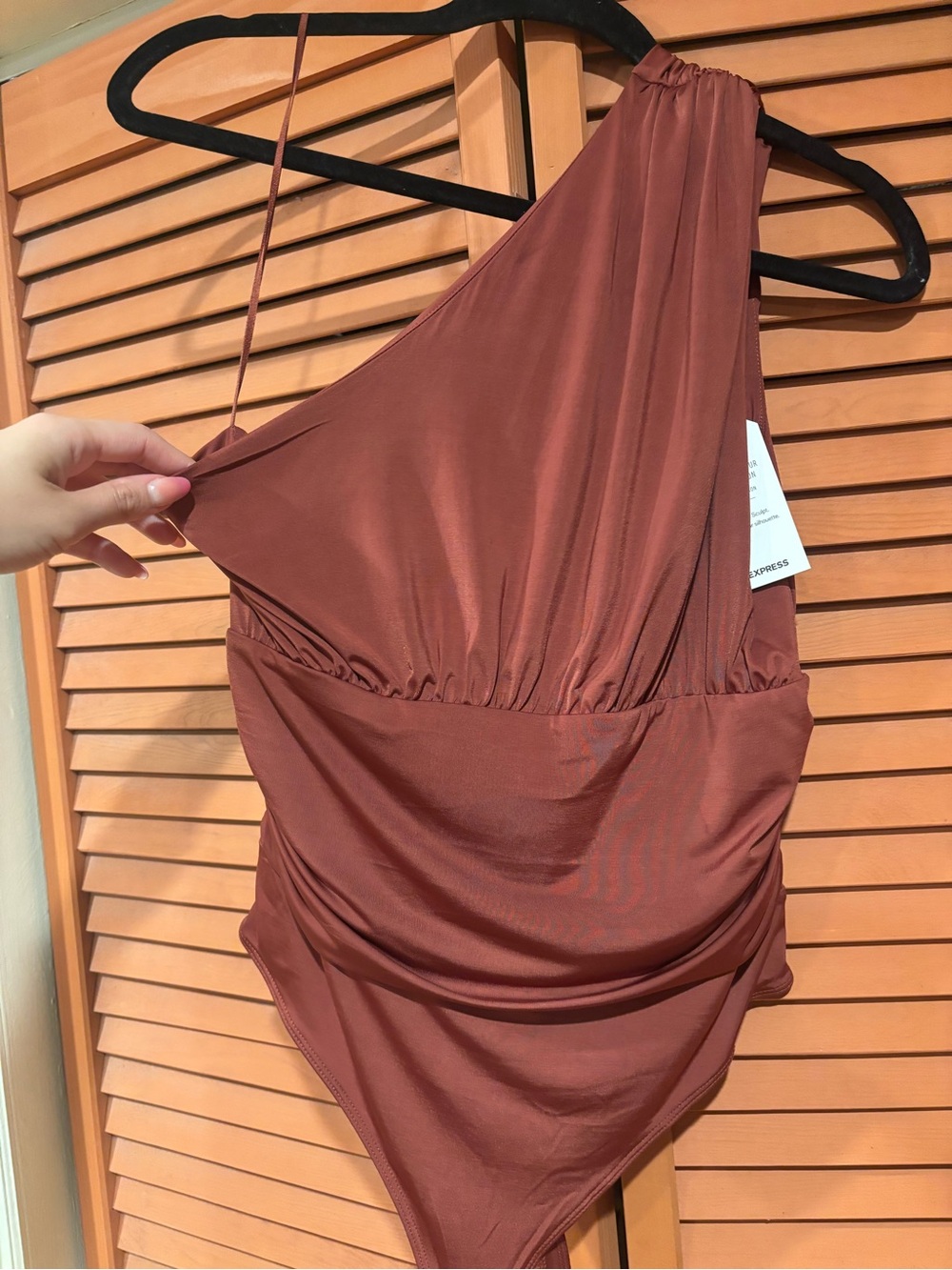 Express Draped Bodysuit in Rust